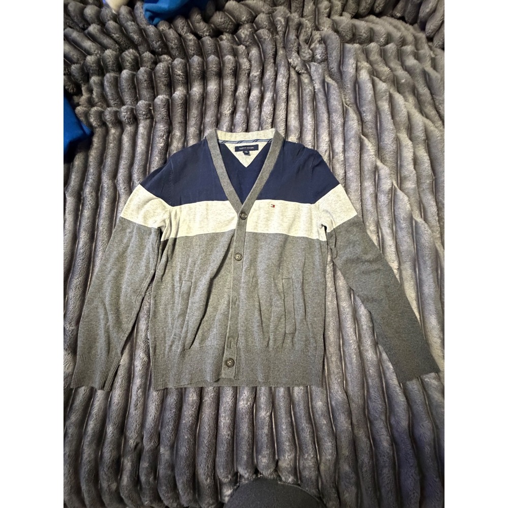 Tommy Hilfiger Mens Colorblock Cardigan Sweater Blue Grey Size M